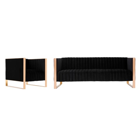 Manhattan Comfort Trillium Sofa and Armchair in Black and Rose Gold, PK2 2-SS559-BK